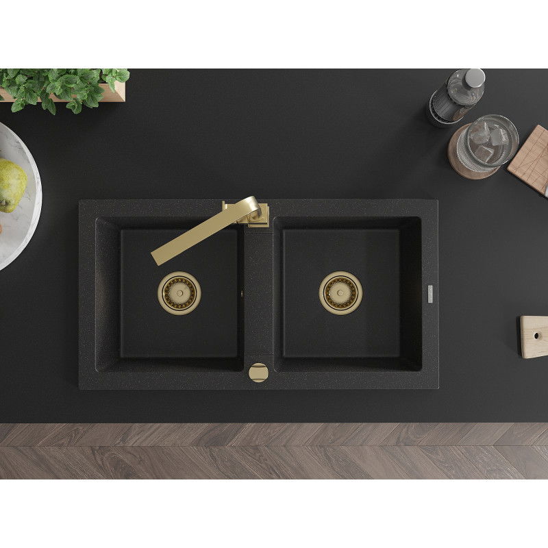 Mexen Mario двоен гранитен мивка с кухненски смесител Rita, черен/сребърен металик - 6504-73-670300-50