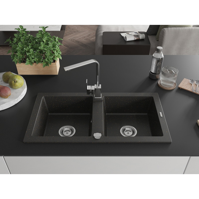 Mexen Mario гранитна мивка с 2 камери с кухненски смесител Рита,