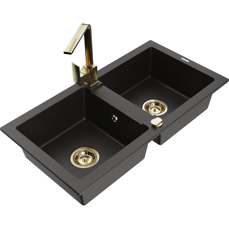 Mexen Mario гранитна мивка с 2 камери и кухненски смесител Rita, черно/златист металик - 6504-75-670300-50
