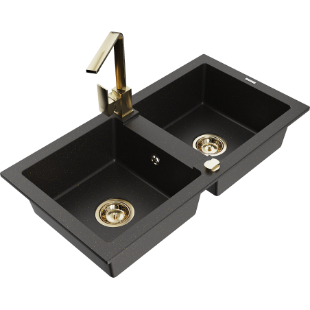 Mexen Mario гранитна мивка с 2 камери и кухненски смесител Rita, черно/златист металик - 6504-75-670300-50