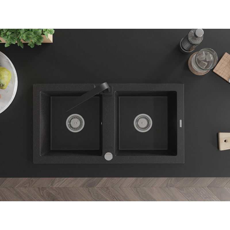 Mexen Mario гранитна кухненска мивка с 2 отделения с кухненски смесител Rita, черен/златист металик - 6504-75-670300-70