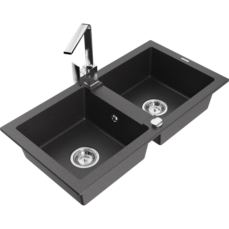 Mexen Mario двоен гранитен кухненски мивка с кухненски смесител Rita, черен с накрапки - 6504-76-670300-00
