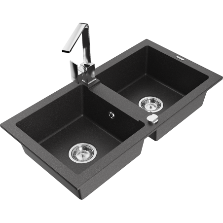 Mexen Mario двоен гранитен кухненски мивка с кухненски смесител Rita, черен с накрапки - 6504-76-670300-00