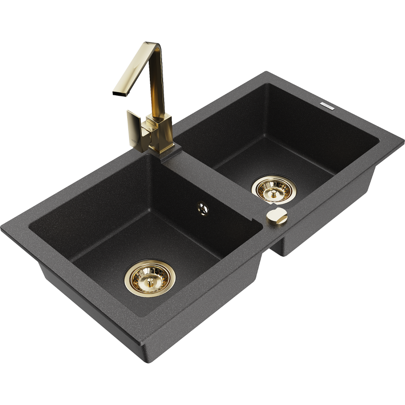 Mexen Mario гранитна мивка с 2 отделения с кухненски смесител Rita, черен на петна - 6504-76-670300-50