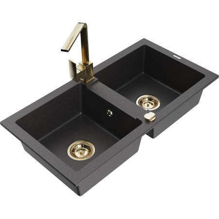 Mexen Mario гранитна мивка с 2 отделения с кухненски смесител Rita, черен на петна - 6504-76-670300-50