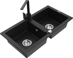 Mexen Mario гранитна мивка с 2 отделения и кухненски смесител Rita, черен - 6504-77-670300-70