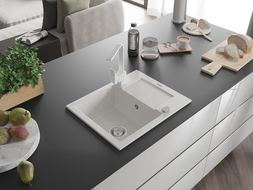 Mexen Enzo гранитна мивка с 1 корито с отцедник и кухненски смесител Rita, бял - 6506-20-670300-20