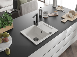 Mexen Enzo гранитна мивка с 1 отделение с дренаж и кухненски смесител Rita, бял - 6506-20-670300-70