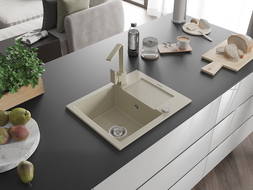 Mexen Enzo гранитна мивка с 1 отделение, с отцедник и кухненски смесител Rita, бежов - 6506-69-670300-69