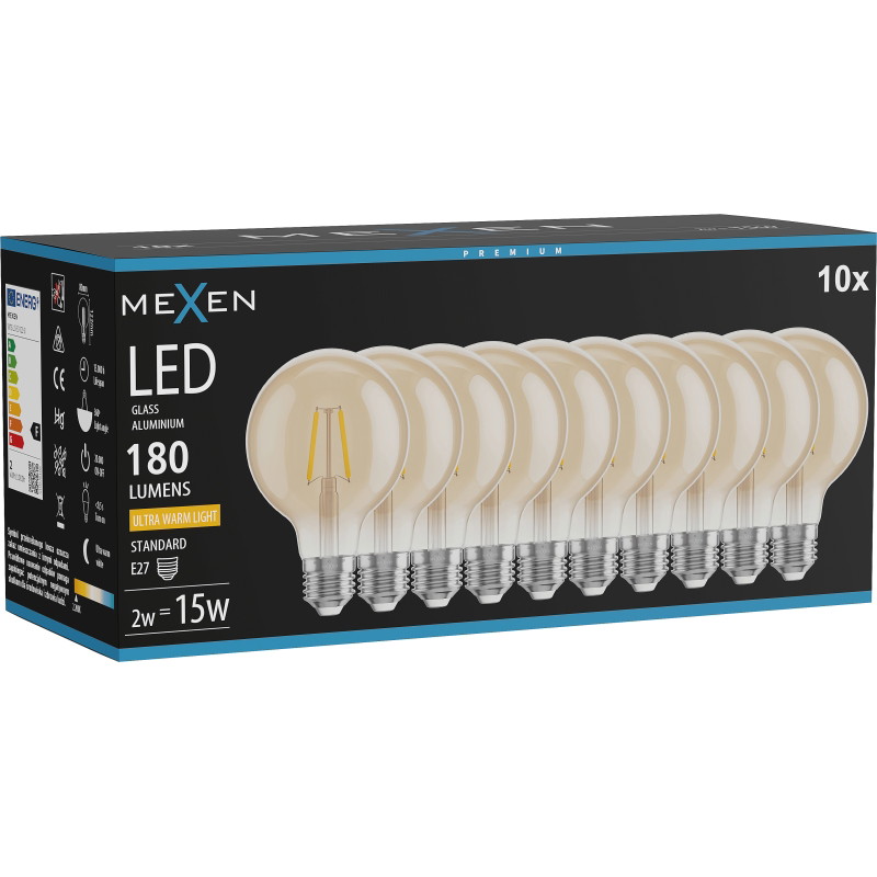 Mexen Vintis 10x LED филаментна крушка E27, G80, 2W, Топла - 2200K, 180 lm, кехлибар