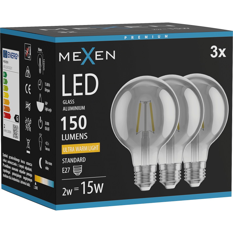 Mexen Vintis 3x LED филаментна крушка E27, G80, 2W, Топла - 2200K, 150 lm, димно сиво