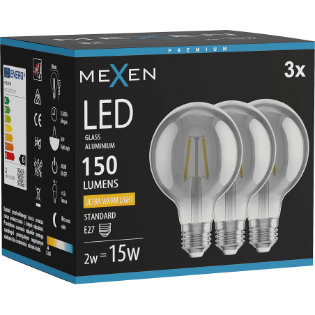 Mexen Vintis 3x LED филаментна крушка E27, G80, 2W, Топла - 2200K, 150 lm, димно сиво