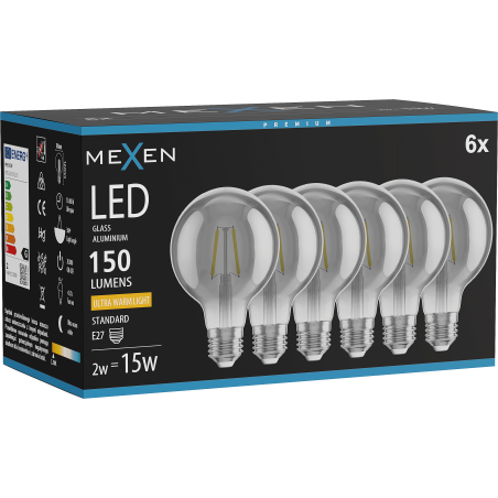 Mexen Vintis 6x LED филамент крушка E27, G80, 2W, Топла - 2200K, 150 lm, димна - L155-E27-0222-70x06