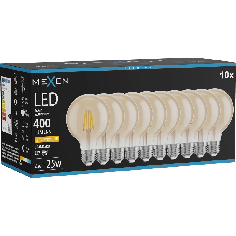 Mexen Vintis 10x LED филамент крушка E27, G80, 4W, Топла - 2200K, 400 lm, кехлибар