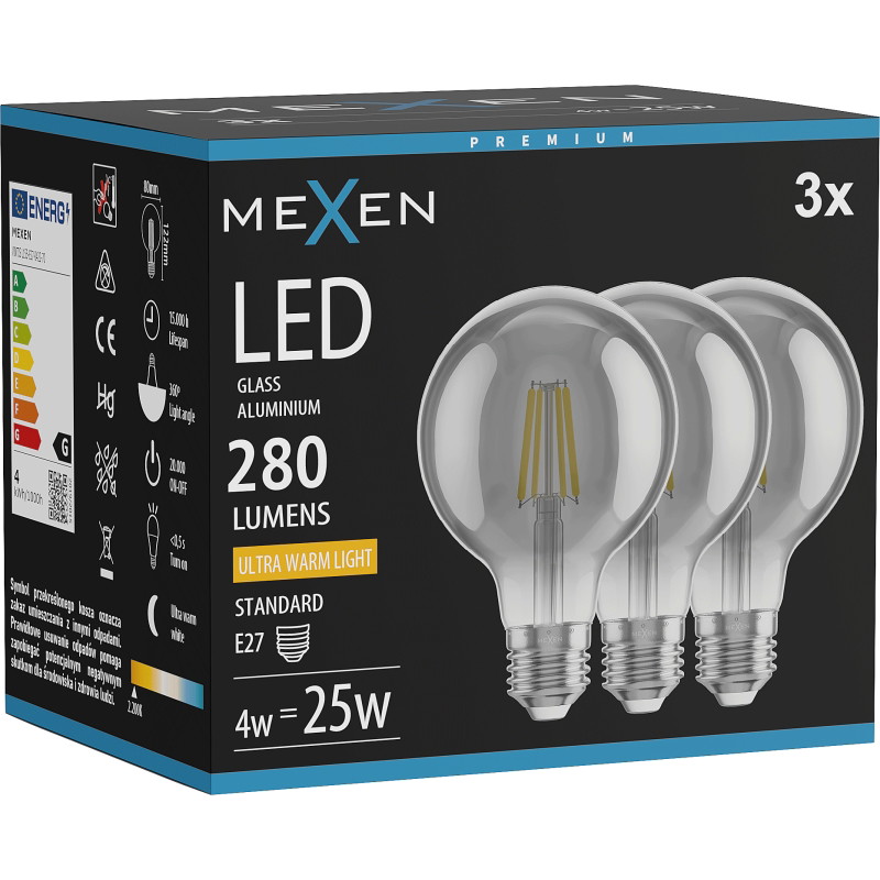 Mexen Vintis 3x LED крушка с нажежаема нишка, E27, G80, 4W, Топла светлина - 2200K, 280 lm,