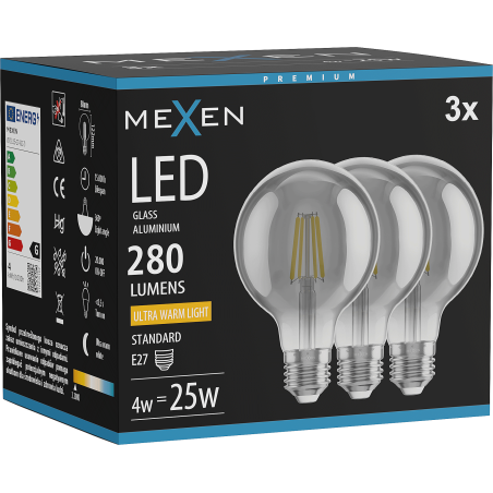 Mexen Vintis 3x LED крушка с нажежаема нишка, E27, G80, 4W, Топла светлина - 2200K, 280 lm,