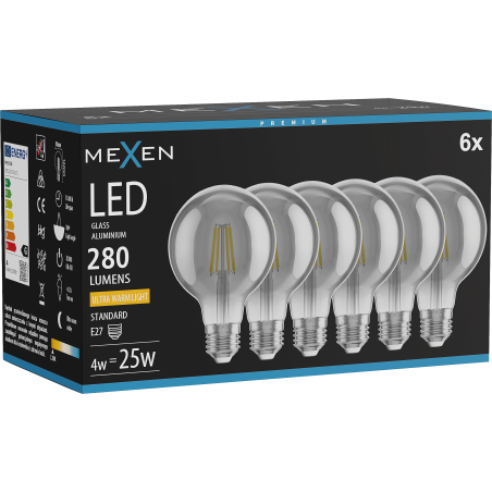 Mexen Vintis 6x LED филаментна крушка E27, G80, 4W, Топла - 2200K, 280 lm, пушек - L155-E27-0422-70x06