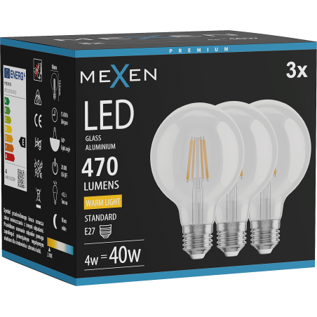 Mexen Vintis 3x LED филтрирана крушка E27, G80, 4W, Топло - 2700K, 470 lm, прозрачно