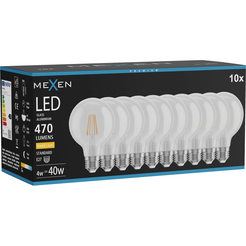 Mexen Vintis 10x LED крушка с нажежаема жичка E27, G80, 4W, Топла - 2700K, 470 lm, прозрачен