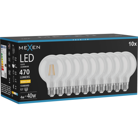 Mexen Vintis 10x LED крушка с нажежаема жичка E27, G80, 4W, Топла - 2700K, 470 lm, прозрачен
