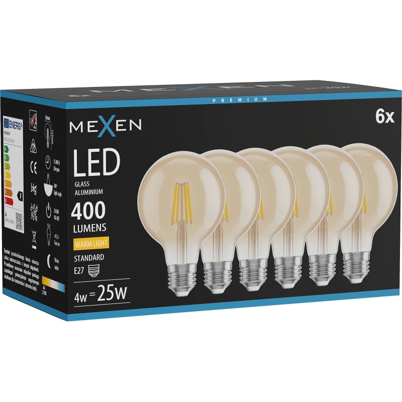 Mexen Vintis 6x LED крушка на нажежаема жичка E27, G80, 4W, Топла - 2700K, 400 lm, кехлибар