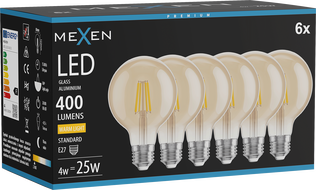 Mexen Vintis 6x LED крушка на нажежаема жичка E27, G80, 4W, Топла - 2700K, 400 lm, кехлибар