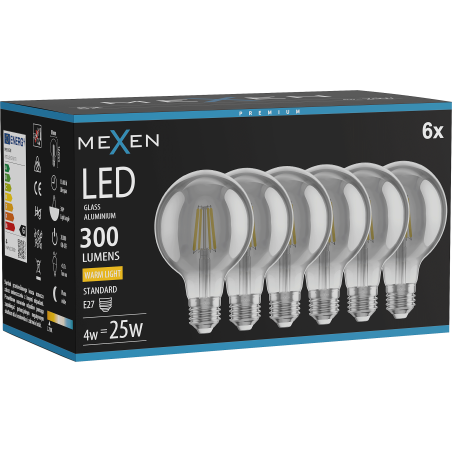 Mexen Vintis 6x крушка с нажежаема жичка LED E27, G80, 4W, Топла - 2700K, 300 lm, димна