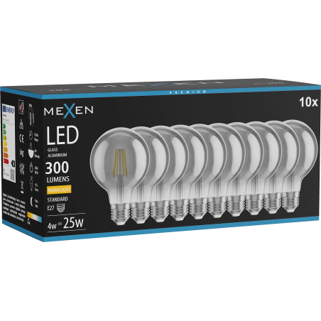 Mexen Vintis 10x LED филамент крушка E27, G80, 4W, Топла - 2700K, 300 lm, дим - L155-E27-0427-70x10