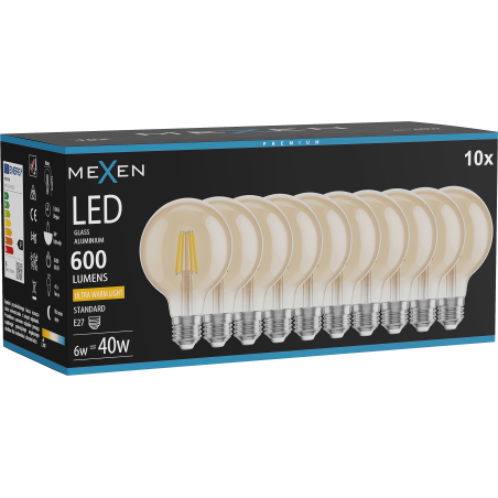 Mexen Vintis 10x LED жичкова крушка E27, G80, 6W, Топло - 2200K, 600 lm, амбър - L155-E27-0622-50x10