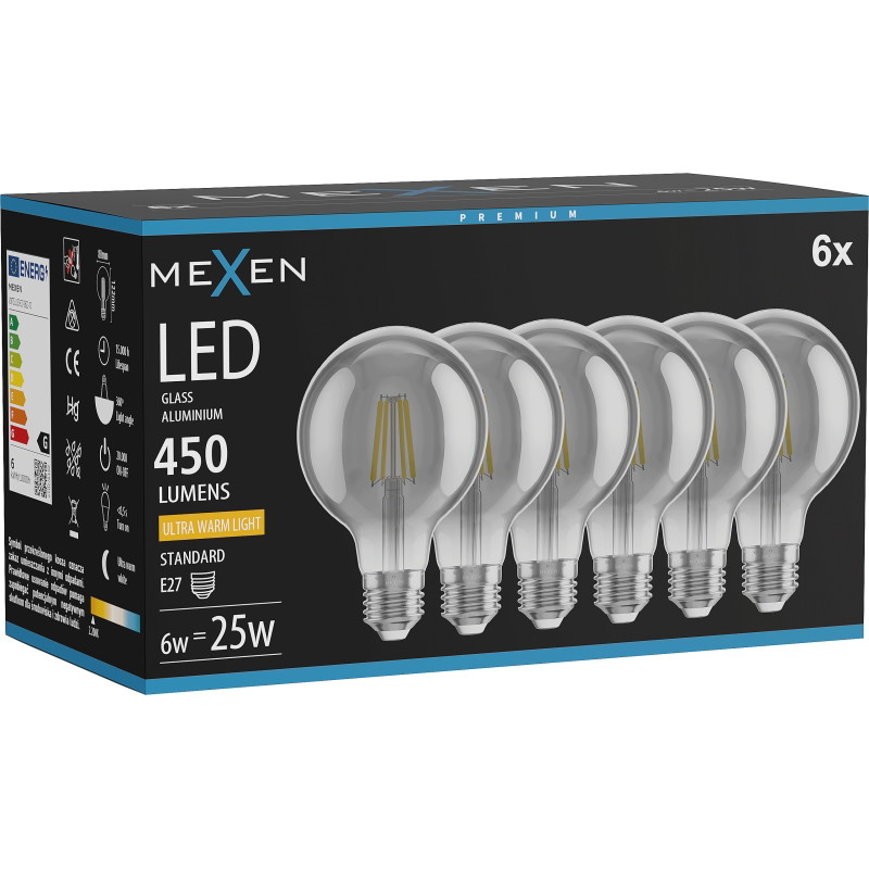 Mexen Vintis 6x LED крушка филамент E27, G80, 6W, Топла - 2200K, 450 lm, димно - L155-E27-0622-70x06