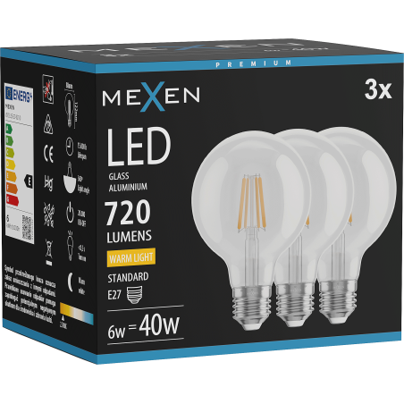 Mexen Vintis 3x LED филаментна крушка E27, G80, 6W, Топла - 2700K, 720 lm, прозрачна