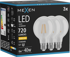 Mexen Vintis 3x LED филаментна крушка E27, G80, 6W, Топла - 2700K, 720 lm, прозрачна