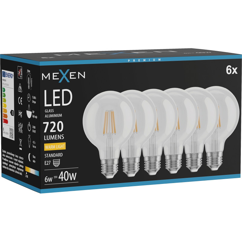Mexen Vintis 6x Крушка LED с нажежаема жичка E27, G80, 6W, Топла - 2700K, 720 lm, прозрачна