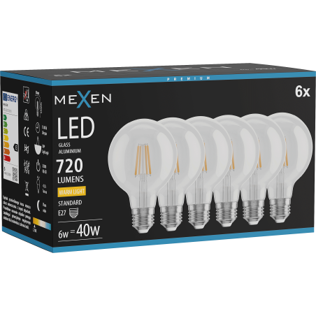 Mexen Vintis 6x Крушка LED с нажежаема жичка E27, G80, 6W, Топла - 2700K, 720 lm, прозрачна