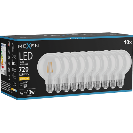 Mexen Vintis 10x LED филаментна крушка E27, G80, 6W, топла - 2700K, 720 lm, прозрачна