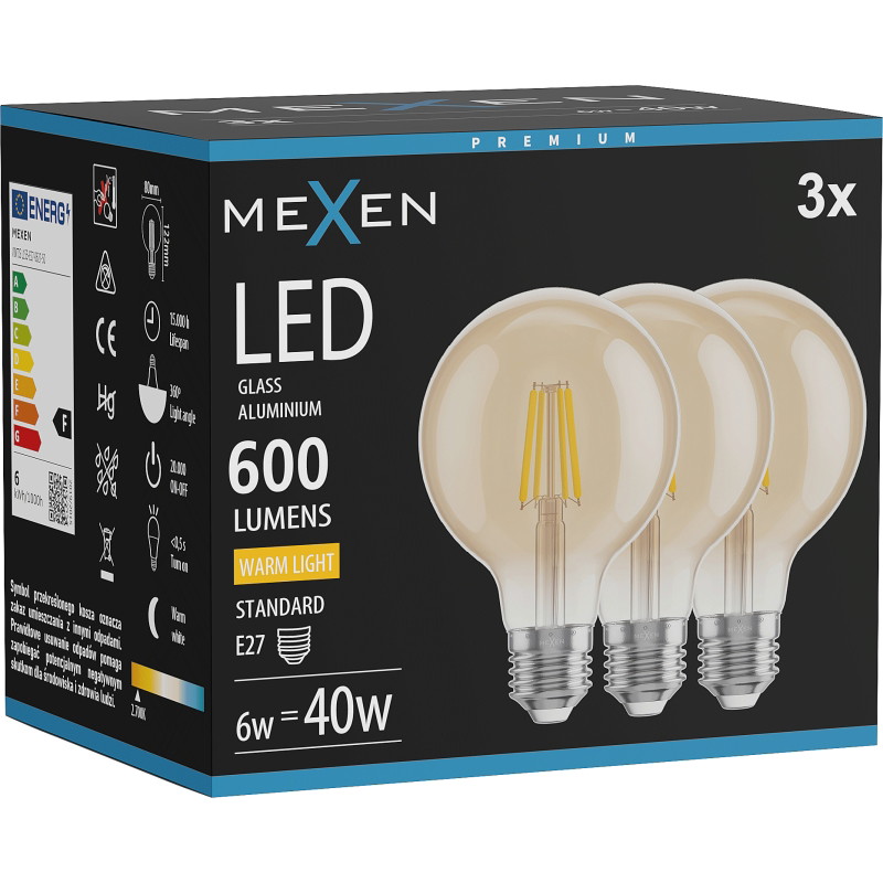 Mexen Vintis 3x LED E27, G80, 6W, Топла - 2700K, 400 lm, кехлибар - L155-E27-0627-50x03