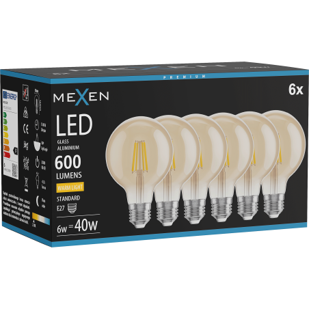Mexen Vintis 6x Крушка на нажежеема жичка LED E27, G80, 6W, Топла - 2700K, 400 lm, кехлибар