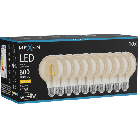 Mexen Vintis 10x LED нажежаема жичка крушка E27, G80, 6W, Топло - 2700K, 400 lm, кехлибар