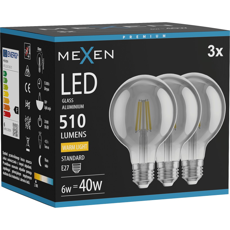 Mexen Vintis 3x LED нажежаема крушка E27, G80, 6W, Топла - 2700K, 510 lm, опушена