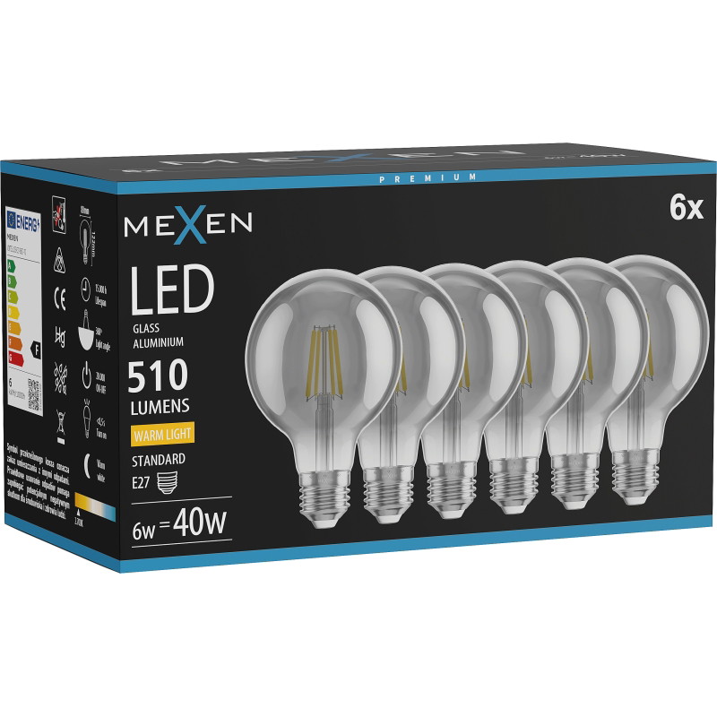Mexen Vintis 6x LED нажежаема лампа E27, G80, 6W, Топла - 2700K, 510 lm, димно сива
