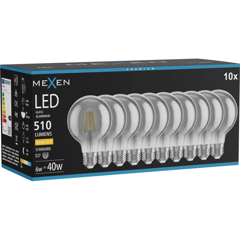 Mexen Vintis 10x LED нажежаема крушка Е27, G80, 6W, Топла светлина - 2700K, 510 lm, димно