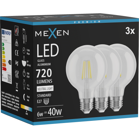 Mexen Vintis 3x филаментна LED крушка E27, G80, 6W, неутрална - 4000K, 720 lm, прозрачна