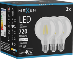 Mexen Vintis 3x филаментна LED крушка E27, G80, 6W, неутрална - 4000K, 720 lm, прозрачна