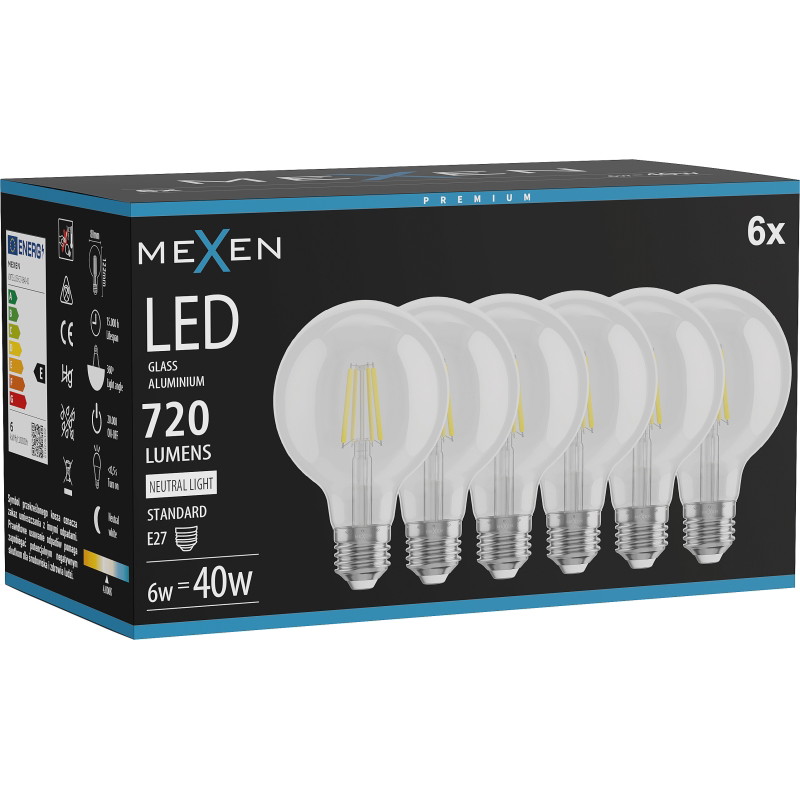 Mexen Vintis 6x LED филаментна крушка E27, G80, 6W, Неутрална - 4000K, 720 lm, прозрачна