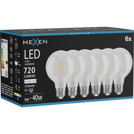 Mexen Vintis 6x LED филаментна крушка E27, G80, 6W, Неутрална - 4000K, 720 lm, прозрачна