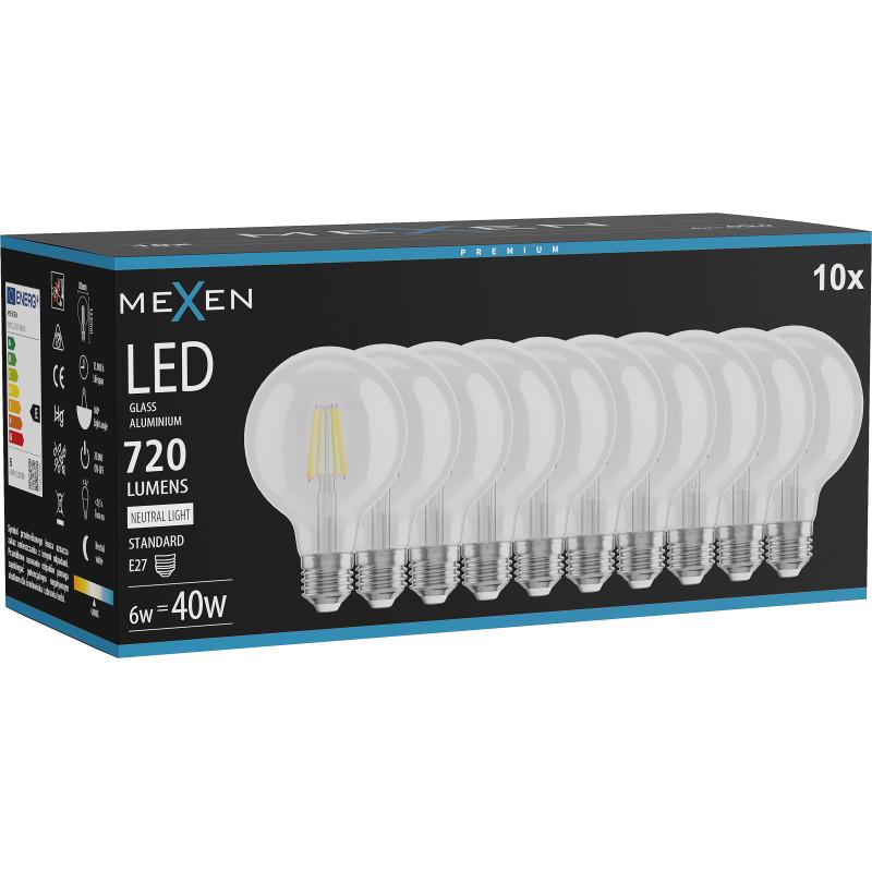Mexen Vintis 10x LED филамент крушка E27, G80, 6W, Неутрална - 4000K, 720 lm, прозрачна