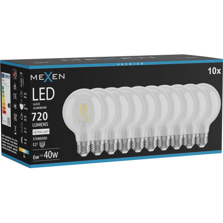 Mexen Vintis 10x LED филамент крушка E27, G80, 6W, Неутрална - 4000K, 720 lm, прозрачна