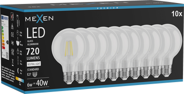Mexen Vintis 10x LED филамент крушка E27, G80, 6W, Неутрална - 4000K, 720 lm, прозрачна