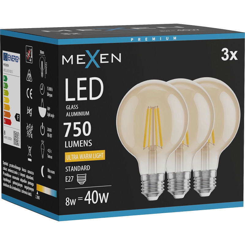 Mexen Vintis 3x LED филаментна крушка E27, G80, 8W, Топла светлина - 2200K, 750 lm,