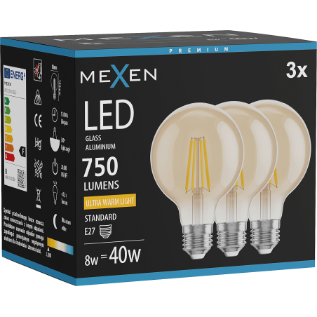 Mexen Vintis 3x LED филаментна крушка E27, G80, 8W, Топла светлина - 2200K, 750 lm,